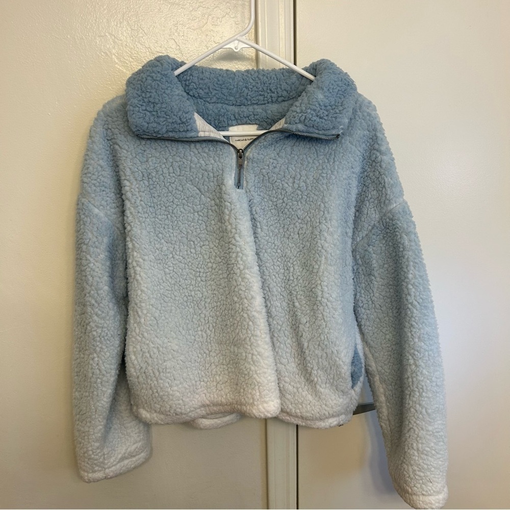 Thread & Supply Pullover Light Blue Ombre Sherpa Jacket Quarter Zip Size Small